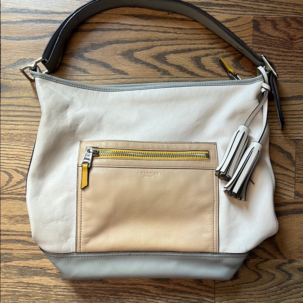 Coach Legacy Colorblock Cream and Tan Shoulder Bag with Convertible Hobo Design